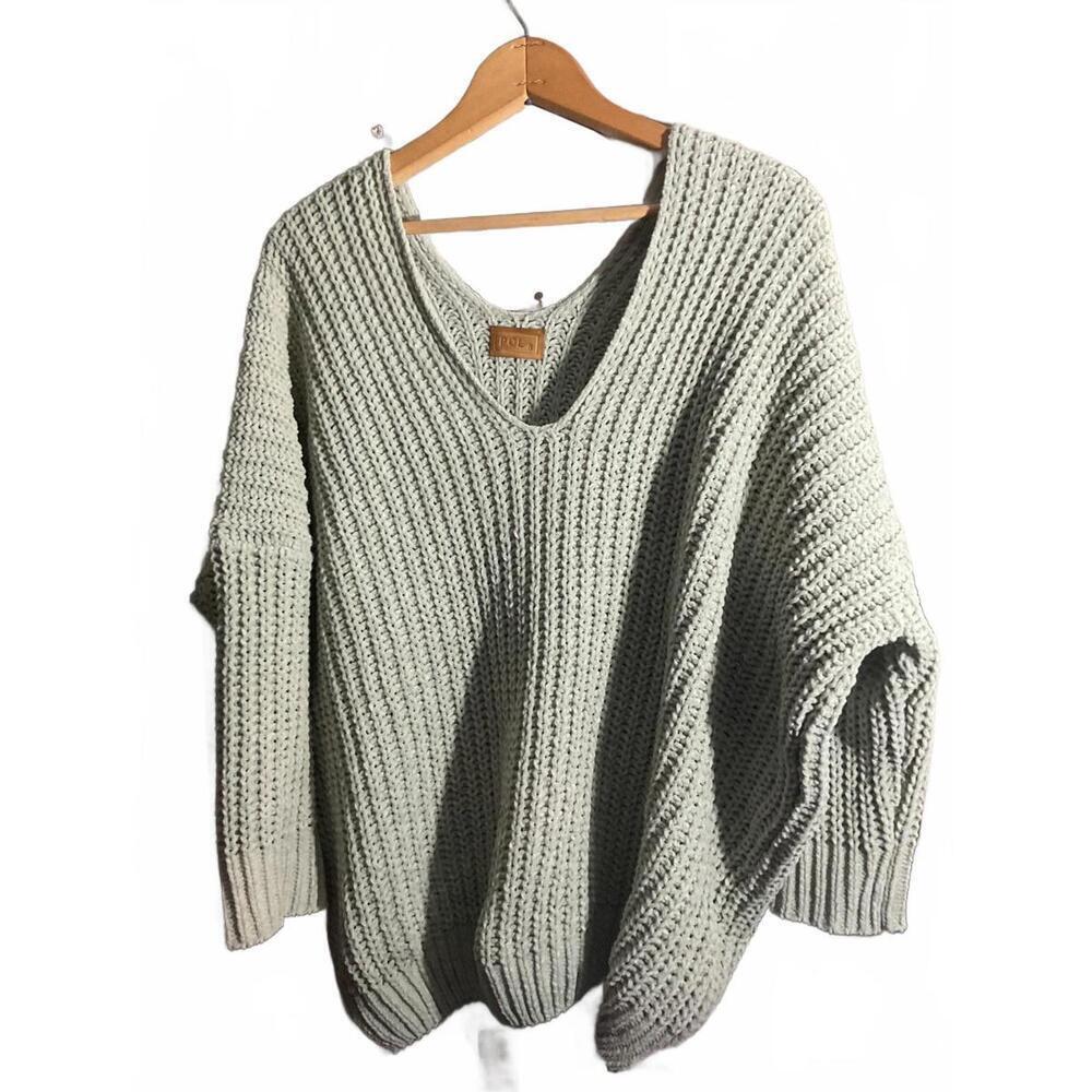 Pol Chenille Sage V-Neck Cropped Chunky Knit Sweater Over Sized Small